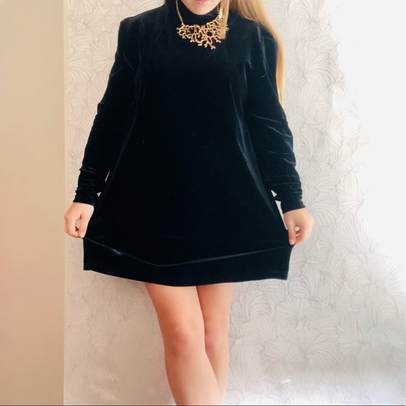 Vintage Black Velvet Mockneck Long Sleeve Mini Dress - Picture 3 of 10